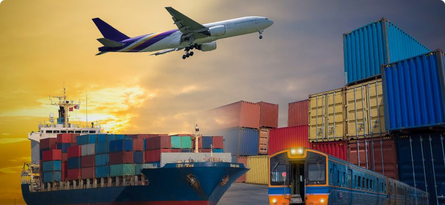 Cargo aircraft, container ship and train illustrating imports arriving by air, sea and land